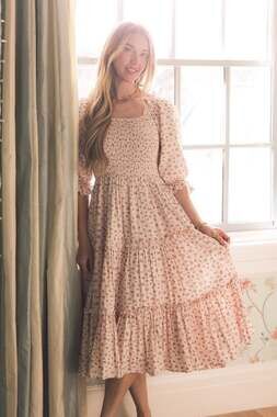 Ivy City Madeline Pink Floral Tiered Cotton Midi Dress Small Cottagecore